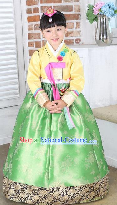 Top Grade Korean Hanbok Traditional Yellow Blouse and Green Dress Fashion Apparel Costumes for Kids