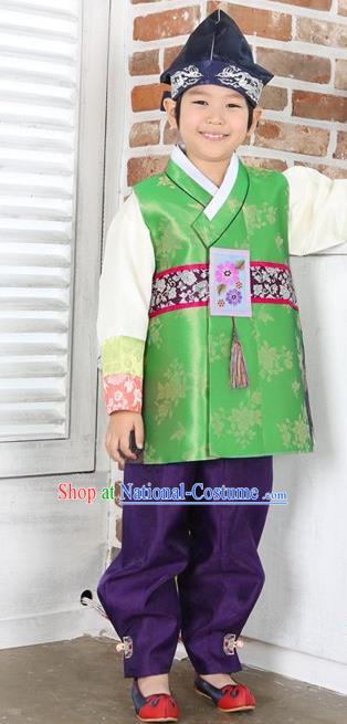 Asian Korean Hanbok Ancient Palace Boys Green Shirt and Purple Pants Traditional Costume for Kids