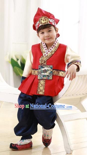 Asian Korean Hanbok Ancient Palace Boys Red Shirt and Blue Pants Traditional Costume for Kids