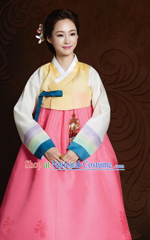 Top Grade Korean Hanbok Traditional Yellow Blouse and Pink Dress Fashion Apparel Costumes for Women