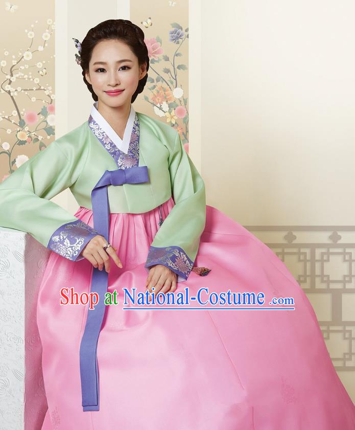 Top Grade Korean Hanbok Traditional Green Blouse and Pink Dress Fashion Apparel Costumes for Women