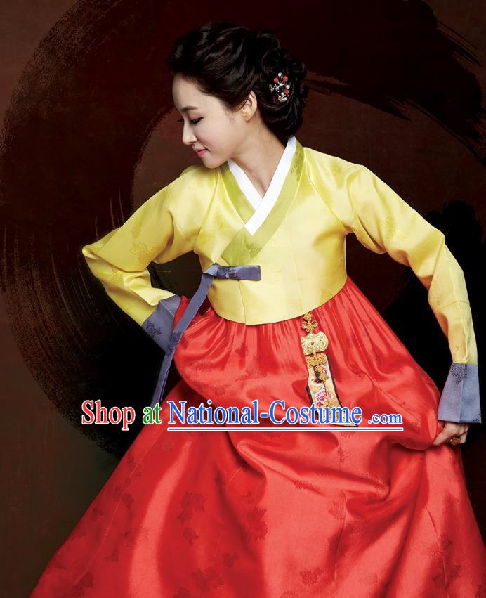 Top Grade Korean Hanbok Traditional Yellow Blouse and Red Dress Fashion Apparel Costumes for Women