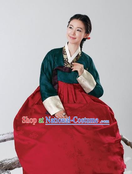 Top Grade Korean Hanbok Traditional Atrovirens Blouse and Red Dress Fashion Apparel Costumes for Women