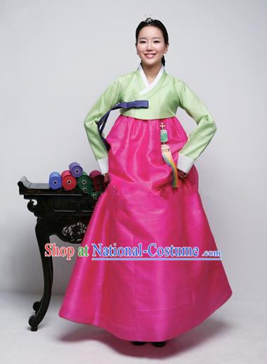 Top Grade Korean Hanbok Traditional Green Blouse and Rosy Dress Fashion Apparel Costumes for Women