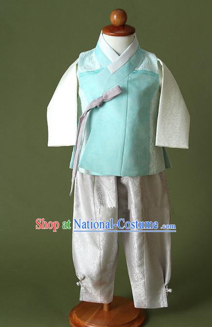 Asian Korean Hanbok Ancient Palace Boys Blue Shirt and Grey Pants Traditional Costume for Kids