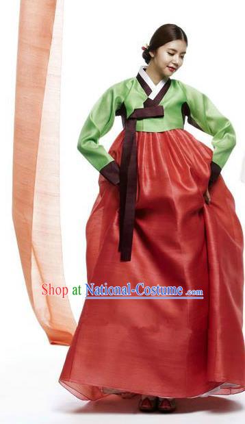 Top Grade Korean Hanbok Traditional Green Blouse and Red Dress Fashion Apparel Costumes for Women