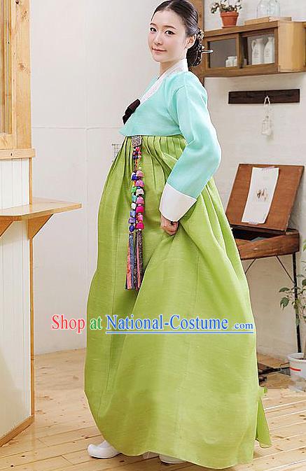 Top Grade Korean Hanbok Traditional Blue Blouse and Green Dress Fashion Apparel Costumes for Women