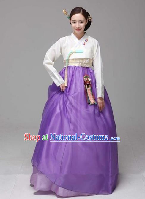 Top Grade Korean Hanbok Traditional White Blouse and Purple Dress Fashion Apparel Costumes for Women