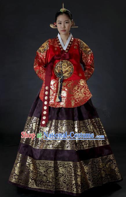 Top Grade Korean Palace Hanbok Traditional Red Blouse and Purple Dress Fashion Apparel Costumes for Women