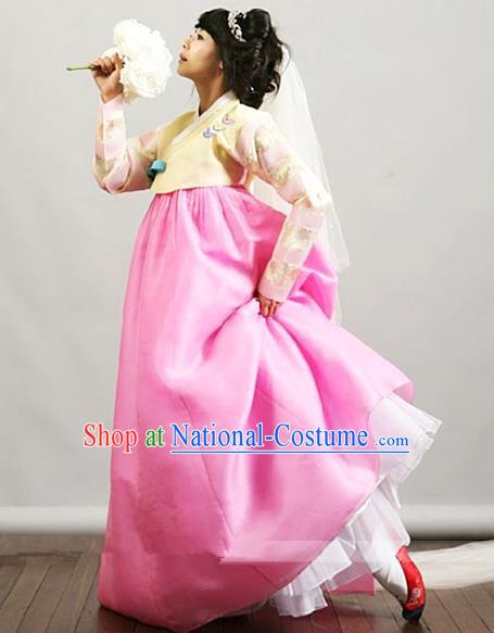 Top Grade Korean Palace Hanbok Traditional Yellow Blouse and Pink Dress Fashion Apparel Costumes for Women