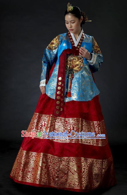 Top Grade Korean Palace Hanbok Traditional Blue Blouse and Red Dress Fashion Apparel Costumes for Women