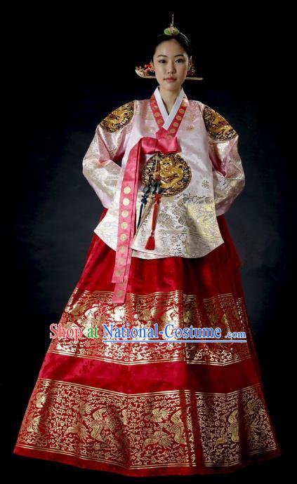 Top Grade Korean Palace Hanbok Traditional Empress Pink Blouse and Red Dress Fashion Apparel Costumes for Women