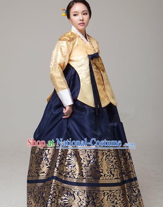 Top Grade Korean Palace Hanbok Traditional Empress Golden Blouse and Navy Dress Fashion Apparel Costumes for Women