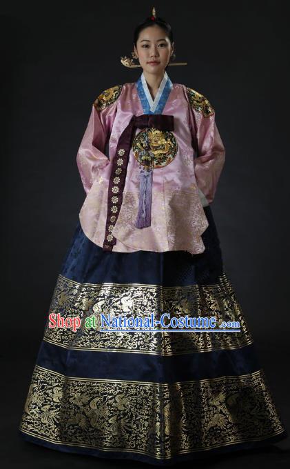 Top Grade Korean Palace Hanbok Traditional Empress Pink Blouse and Navy Dress Fashion Apparel Costumes for Women