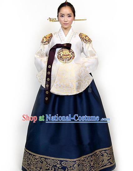 Top Grade Korean Palace Hanbok Traditional Empress White Blouse and Navy Dress Fashion Apparel Costumes for Women