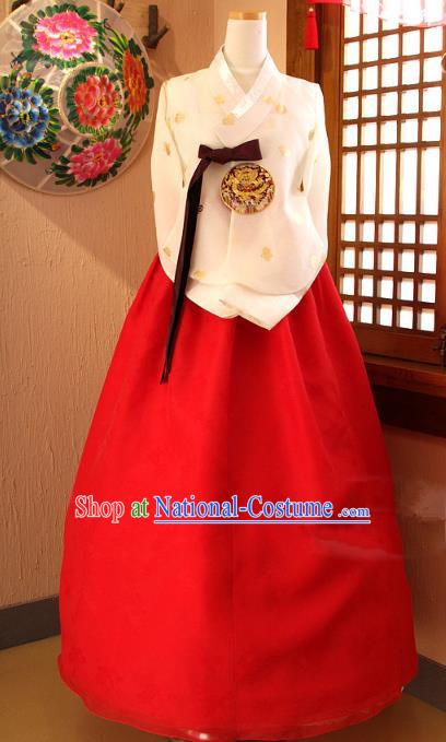 Top Grade Korean Palace Hanbok Traditional Empress Beige Blouse and Red Dress Fashion Apparel Costumes for Women