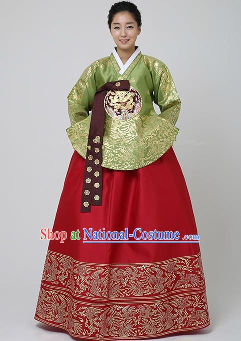 Top Grade Korean Traditional Palace Hanbok Ancient Empress Green Blouse and Red Dress Fashion Apparel Costumes for Women