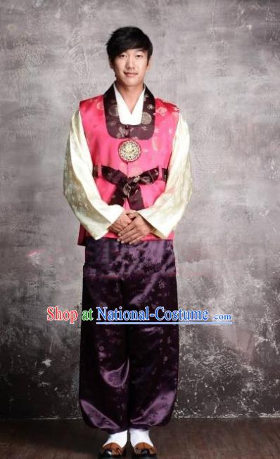 Asian Korean Hanbok Ancient Bridegroom Traditional Costume Pink Vest and Purple Pants for Men