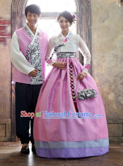 Asian Korean Traditional Pink Costume Ancient Bridegroom and Bride Hanbok Complete Set