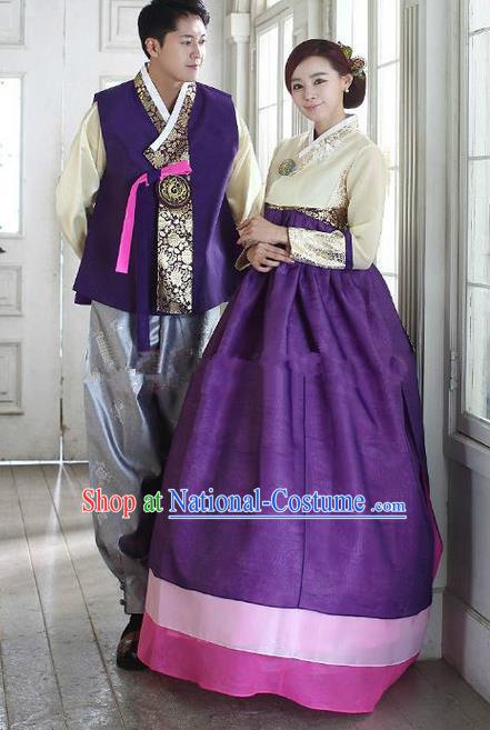 Asian Korean Traditional Purple Costume Ancient Bridegroom and Bride Hanbok Complete Set