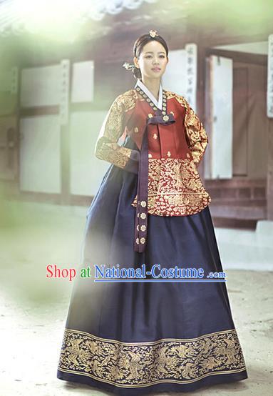 Top Grade Korean Traditional Palace Hanbok Ancient Wine Red Blouse and Navy Dress Fashion Apparel Costumes for Women