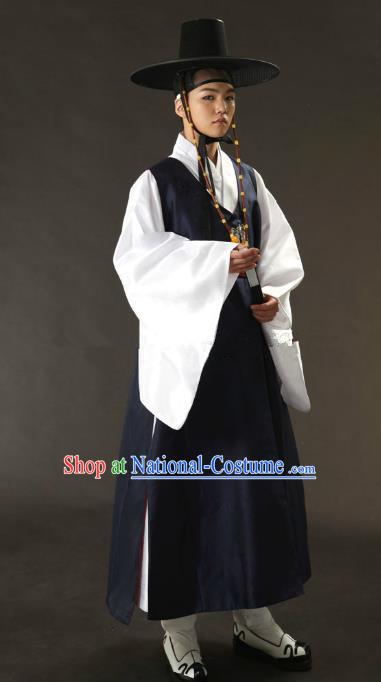 Asian Korean Traditional Costume Ancient Nobility Childe Bridegroom Navy Hanbok for Men