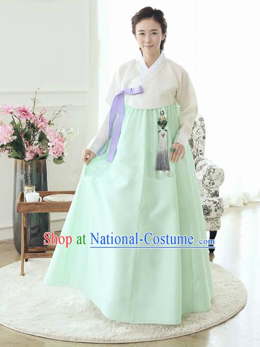 Top Grade Korean Traditional Hanbok Ancient Palace White Blouse and Green Dress Fashion Apparel Costumes for Women