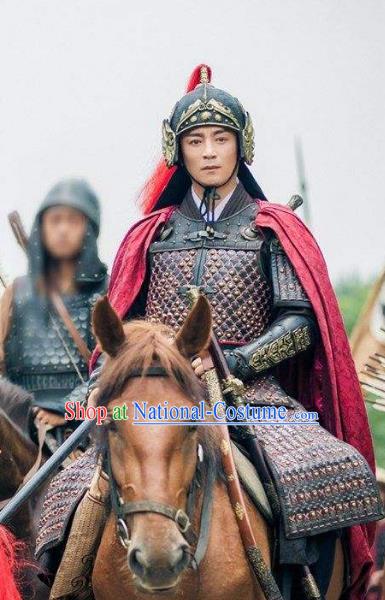 Traditional Chinese Ancient Ming Dynasty Militarist General Li Dingguo Costume Helmet and Armour for Men