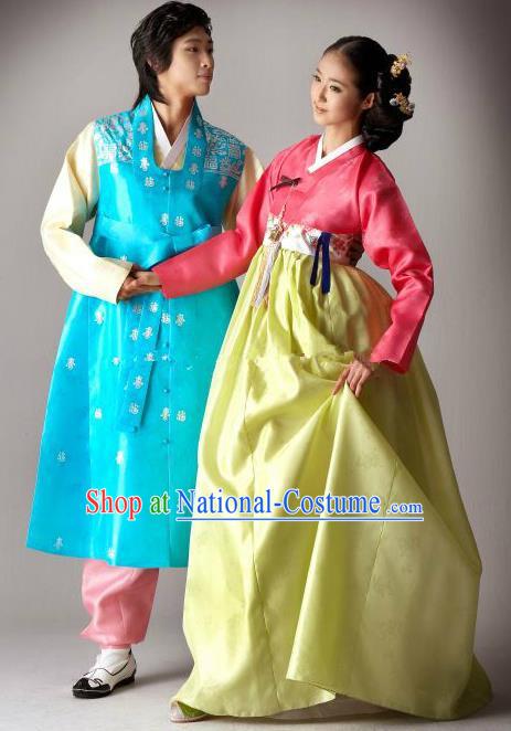 Asian Korean Traditional Wedding Costumes Palace Hanbok Ancient Korean Bride and Bridegroom Costumes Complete Set