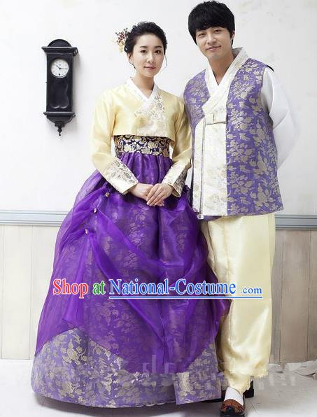 Asian Korean Traditional Wedding Purple Costumes Palace Hanbok Ancient Korean Bride and Bridegroom Costumes Complete Set