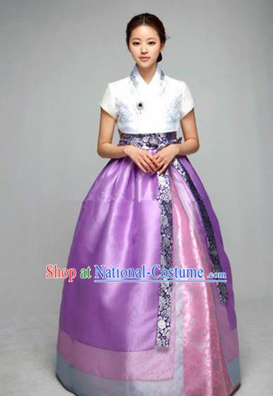 Top Grade Korean Hanbok Ancient Traditional Fashion Apparel Costumes White Blouse and Purple Dress for Women