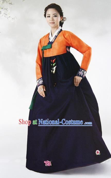 Top Grade Korean Hanbok Ancient Traditional Fashion Apparel Costumes Orange Blouse and Navy Dress for Women