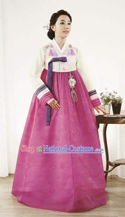 Top Grade Korean Hanbok Ancient Traditional Fashion Apparel Costumes Beige Blouse and Rosy Dress for Women