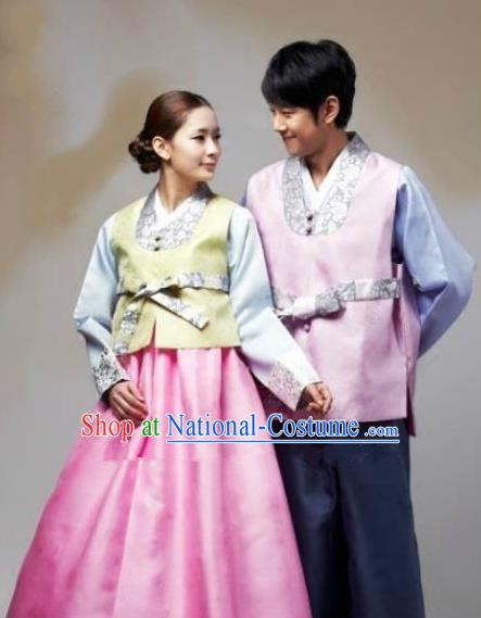 Asian Korean Traditional Wedding Pink Costumes Palace Hanbok Ancient Korean Bride and Bridegroom Costumes Complete Set