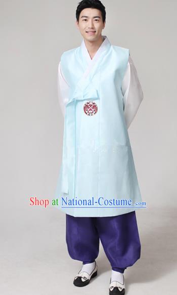 Asian Korean Traditional Blue Costumes Ancient Korean Hanbok Bridegroom Wedding Costumes for Men