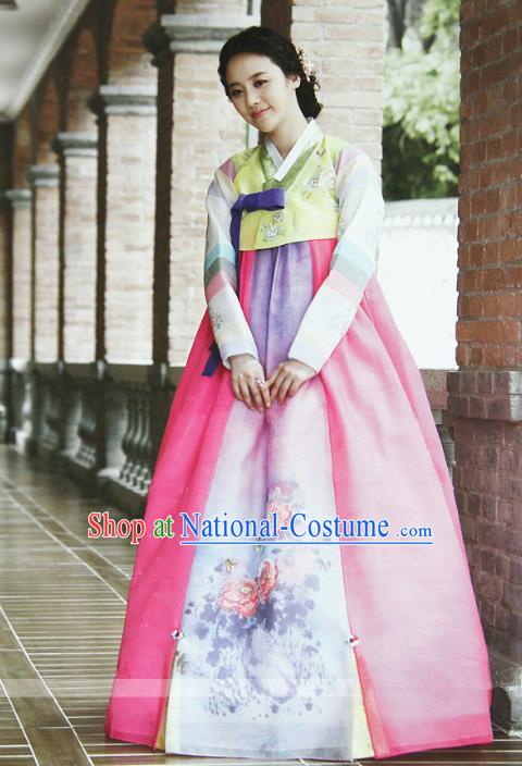 Top Grade Korean Hanbok Ancient Traditional Fashion Apparel Costumes Yellow Blouse and Pink Dress for Women