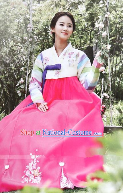 Top Grade Korean Hanbok Ancient Traditional Fashion Apparel Costumes Bride Blouse and Rosy Dress for Women