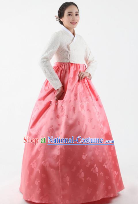 Top Grade Korean Hanbok Ancient Traditional Fashion Apparel Costumes White Lace Blouse and Pink Dress for Women