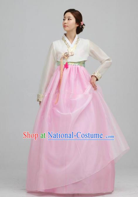 Top Grade Korean Traditional Hanbok Ancient Fashion Apparel Costumes White Blouse and Pink Dress for Women