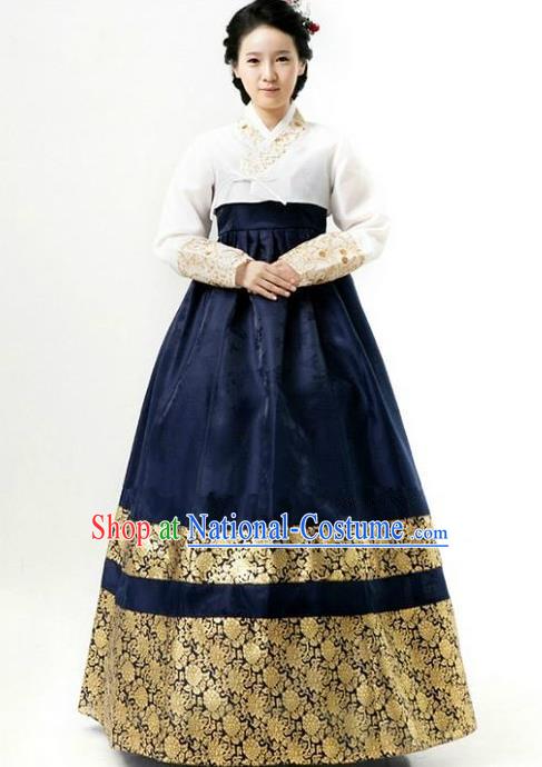 Top Grade Korean Hanbok Ancient Traditional Fashion Apparel Costumes White Blouse and Navy Dress for Women