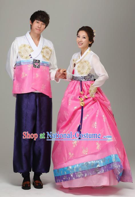 Asian Korean Traditional Costumes Ancient Korean Pink Hanbok Bride and Bridegroom Wedding Costumes Complete Set