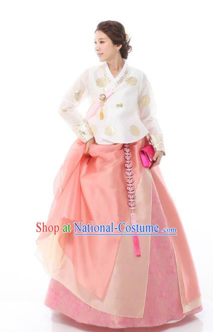 Top Grade Korean Hanbok Ancient Traditional Fashion Apparel Costumes White Blouse and Pink Dress for Women