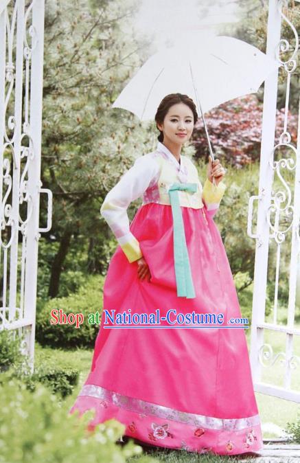 Top Grade Korean Hanbok Yellow Blouse and Pink Dress Ancient Traditional Fashion Apparel Costumes for Women