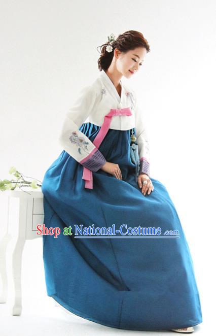 Top Grade Korean Hanbok White Blouse and Blue Dress Ancient Traditional Fashion Apparel Costumes for Women