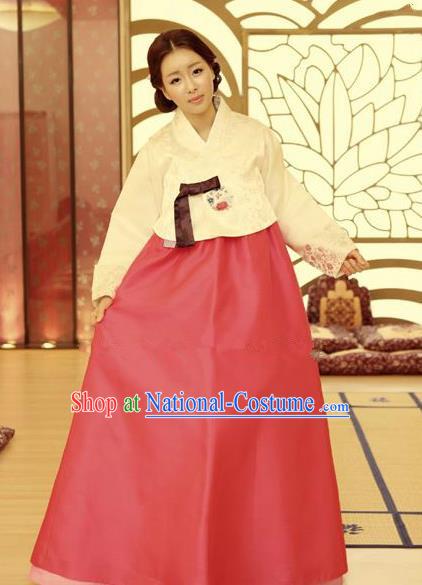 Korean Traditional Hanbok White Blouse and Red Dress Ancient Formal Occasions Fashion Apparel Costumes for Women