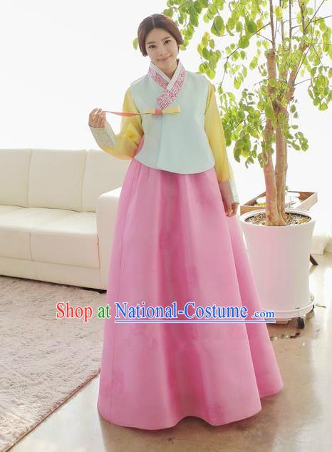 Korean Traditional Hanbok Green Blouse and Pink Dress Ancient Formal Occasions Fashion Apparel Costumes for Women