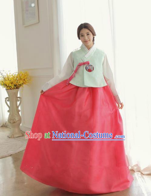 Korean Traditional Hanbok Green Blouse and Red Dress Ancient Formal Occasions Fashion Apparel Costumes for Women