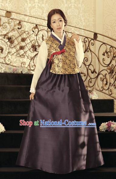 Korean Traditional Hanbok Blouse and Deep Purple Dress Ancient Formal Occasions Fashion Apparel Costumes for Women