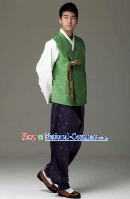 Traditional Korean Costumes Ancient Korean Male Hanbok Bridegroom Costume Green Vest and Purple Pants for Men