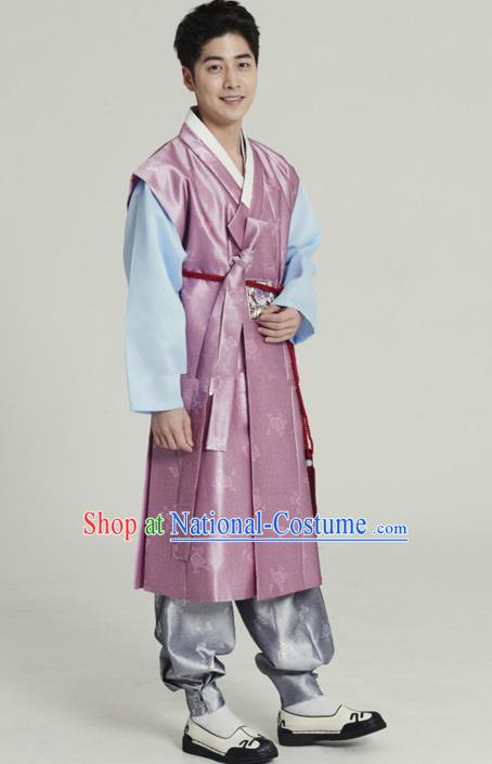 Traditional Korean Costumes Ancient Korean Male Hanbok Bridegroom Costume Pink Vest and Grey Pants for Men